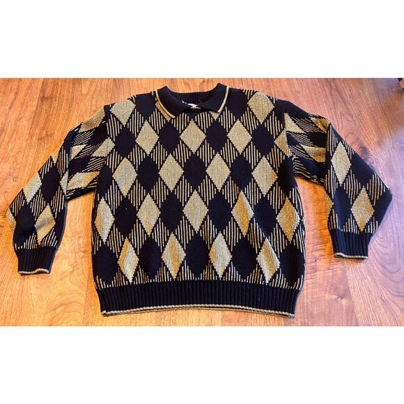 Vintage Alfred Dunner Shoulder Pad Sweater M Black Gold Argyle Glitter USA - Picture 1 of 9